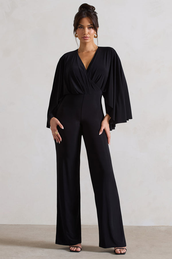 Club L Nori Black Plunge-Neck Straight-Leg Cape Jumpsuit
