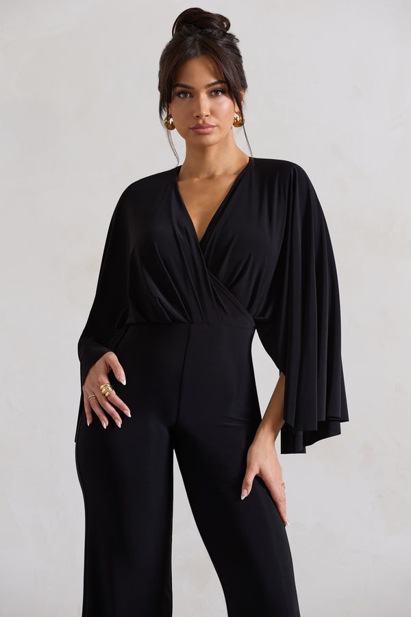 Club L Nori Black Plunge-Neck Straight-Leg Cape Jumpsuit