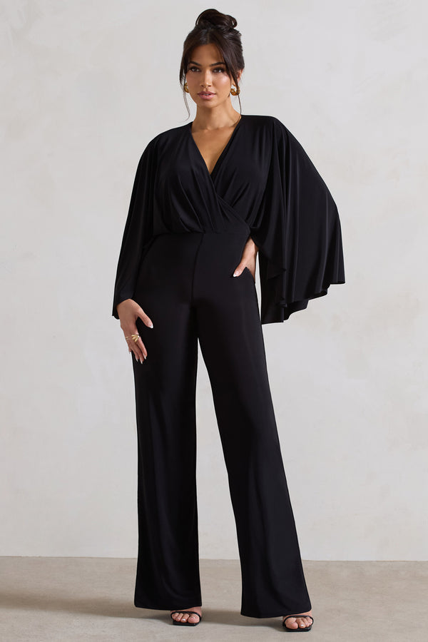 club l Nori Black Plunge-Neck Straight-Leg Cape Jumpsuit