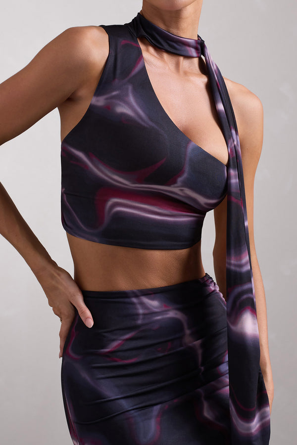Club L North Wind Black Printed One-Shoulder Crop Top With Scarf