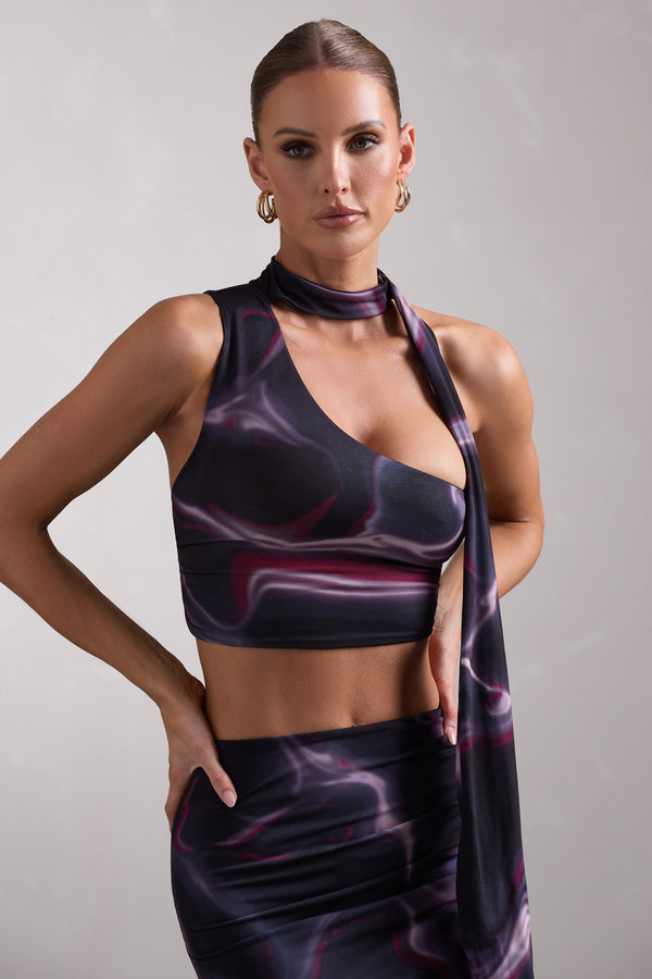 club l North Wind Black Printed One-Shoulder Crop Top With Scarf