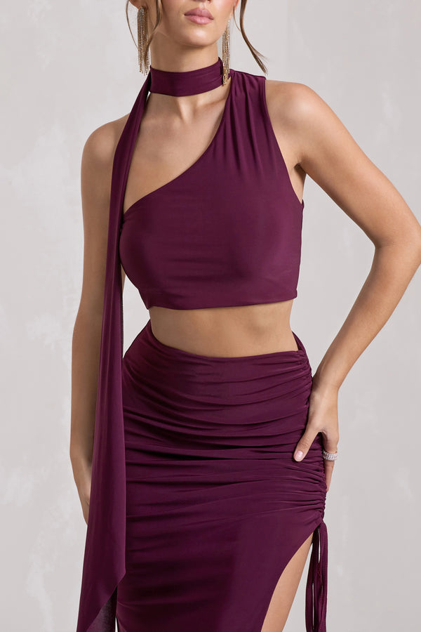 Club L North Wind Plum One-Shoulder Crop Top With Scarf
