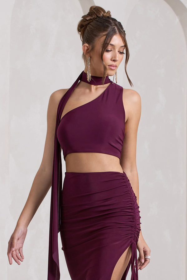 club l North Wind Plum One-Shoulder Crop Top With Scarf