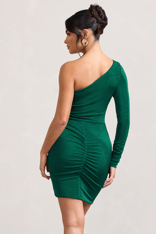 Club L Now Strut Bottle Green Asymmetric Twisted Bodycon Mini Dress
