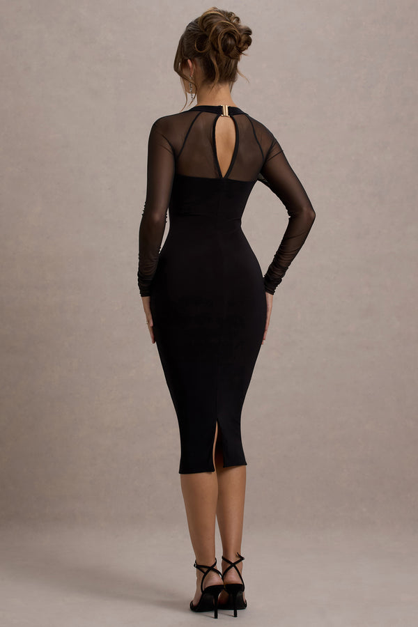 Club L Off Track Black Bodycon Midi Dress With Sheer Sleeves