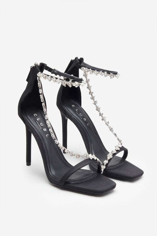 Club L Oh Please Black Strappy Heeled Sandals With Diamante Chains
