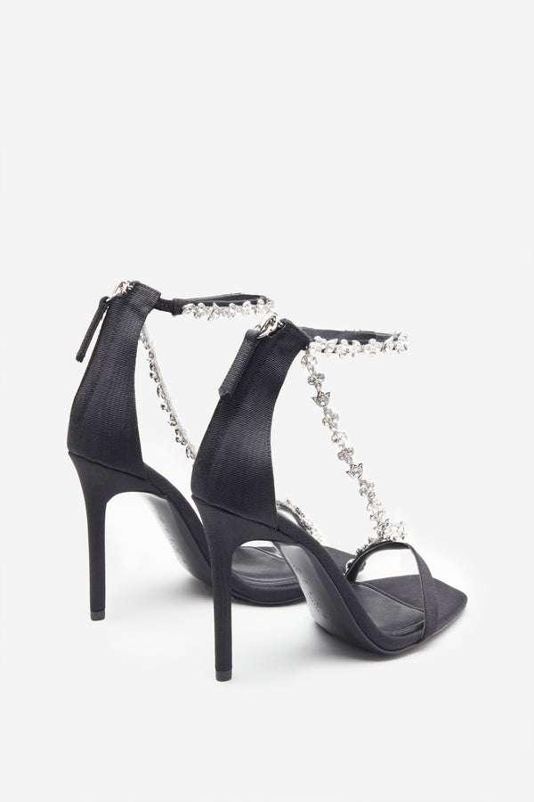 Club L Oh Please Black Strappy Heeled Sandals With Diamante Chains