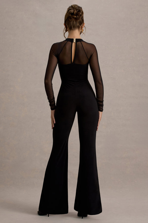 Club L On Track Black Flared-Leg Jumpsuit With Sheer Sleeves