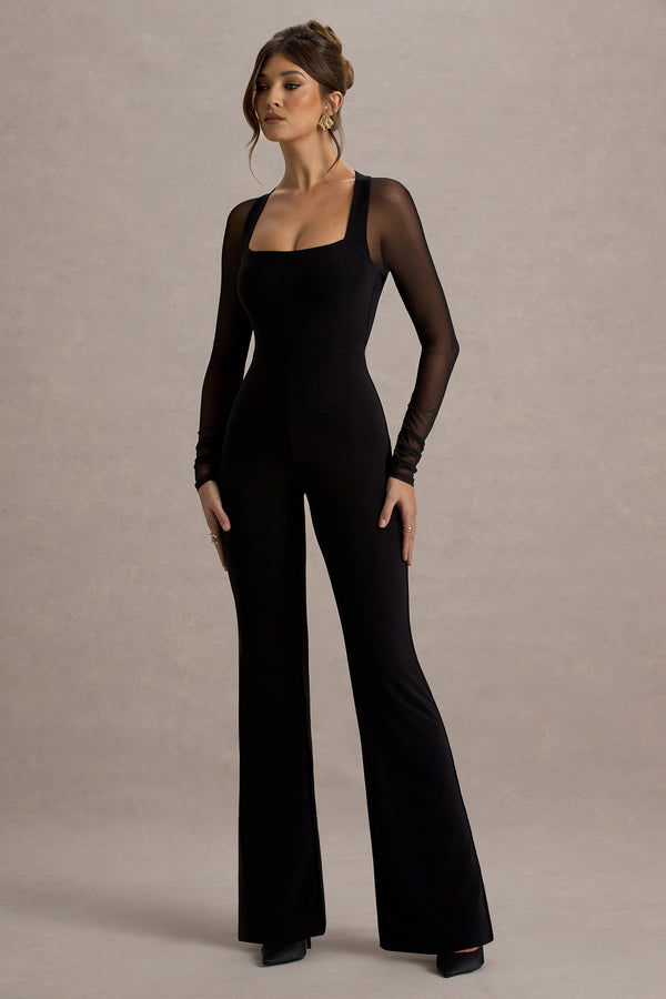Club L On Track Black Flared-Leg Jumpsuit With Sheer Sleeves