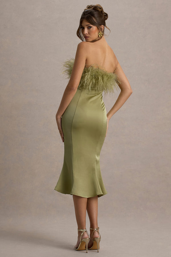 Club L One And Only Light Green Satin Feather Trim Bandeau Midi Dress