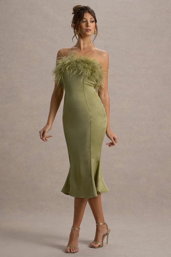 Club L One And Only Light Green Satin Feather Trim Bandeau Midi Dress