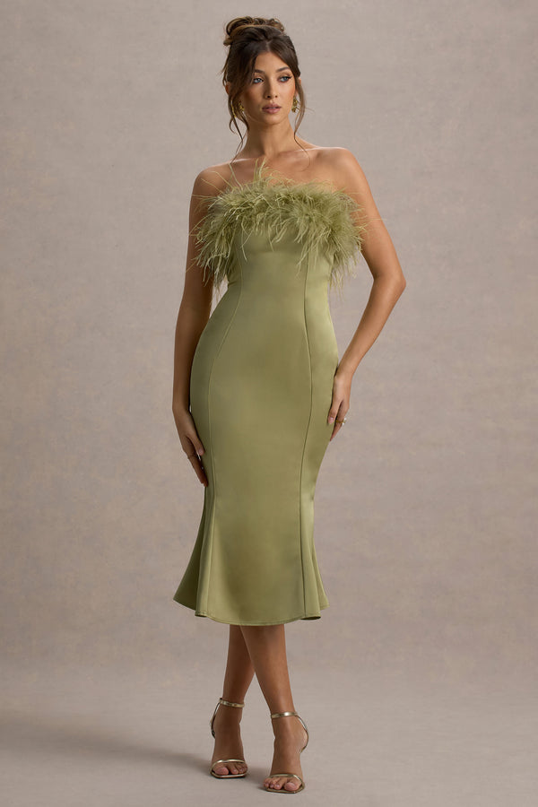 club l One And Only Light Green Satin Feather Trim Bandeau Midi Dress