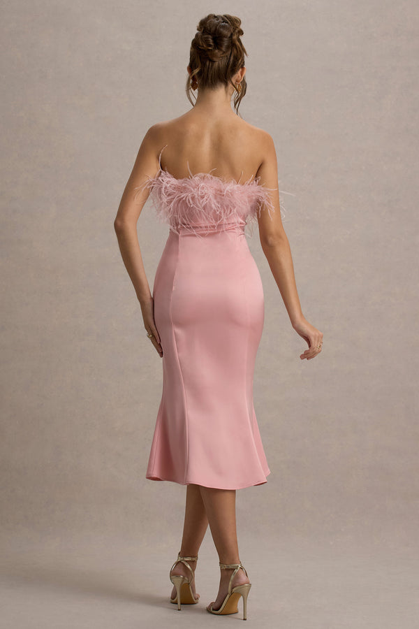 Club L One And Only Light Pink Satin Feather Trim Bandeau Midi Dress