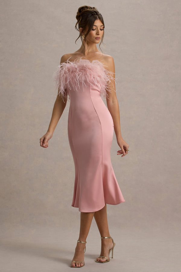 Club L One And Only Light Pink Satin Feather Trim Bandeau Midi Dress