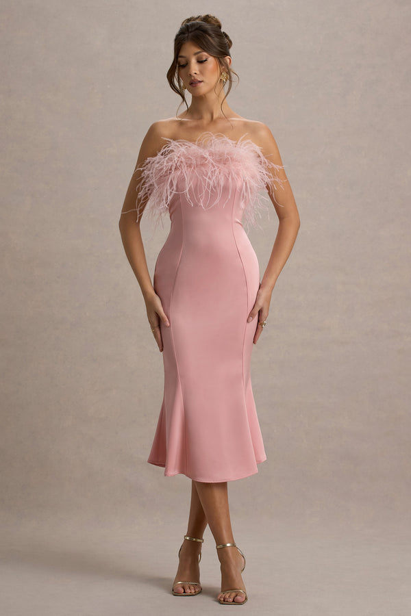 club l One And Only Light Pink Satin Feather Trim Bandeau Midi Dress