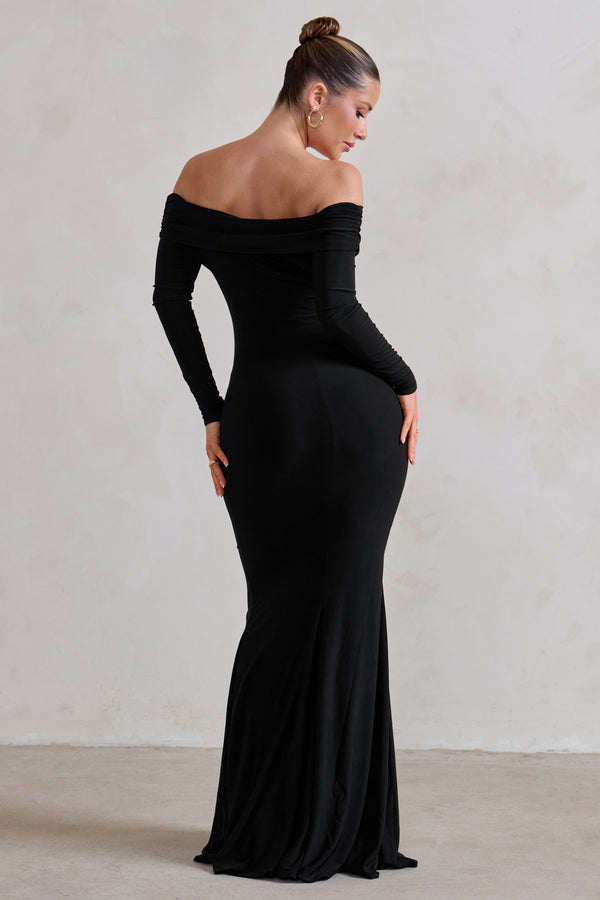 Club L One Moment Black Bardot Wrap Ruched Split Maxi Dress