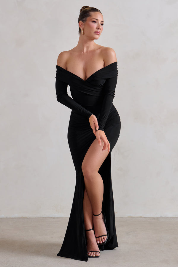Club L One Moment Black Bardot Wrap Ruched Split Maxi Dress