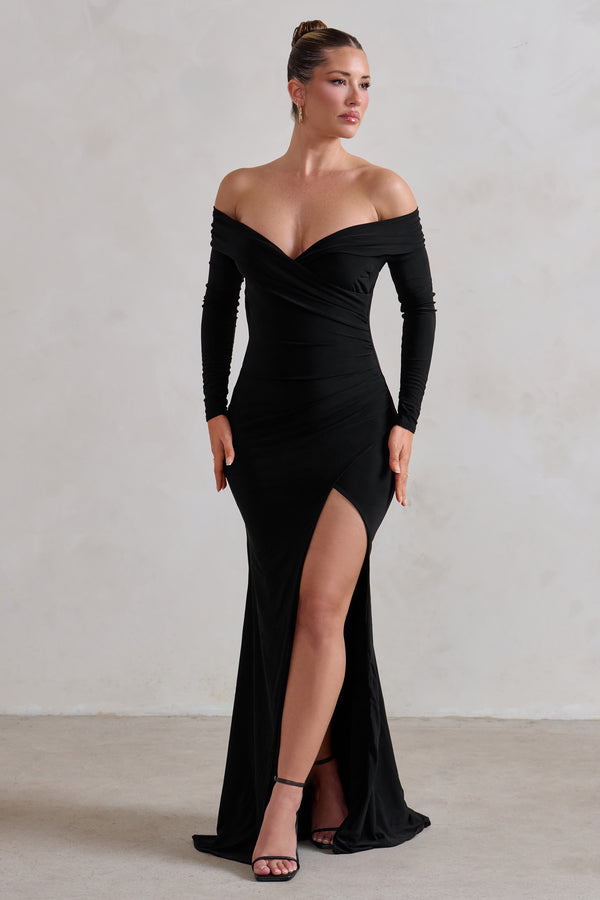club l One Moment Black Bardot Wrap Ruched Split Maxi Dress