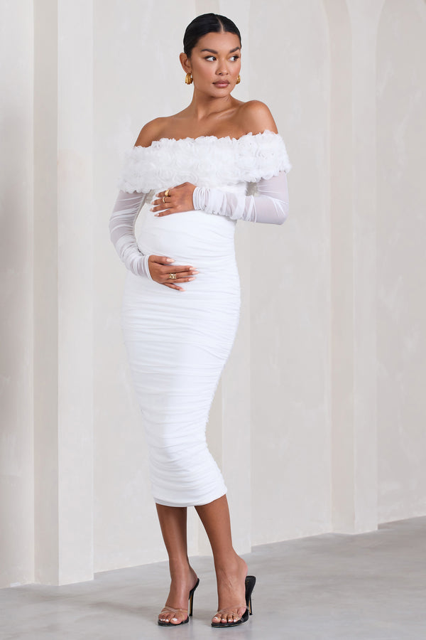 Club L Orchid White Ruched Mesh Floral Bardot Maternity Midi Dress