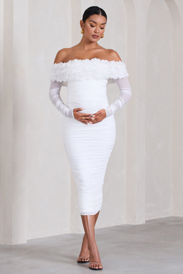 club l Orchid White Ruched Mesh Floral Bardot Maternity Midi Dress