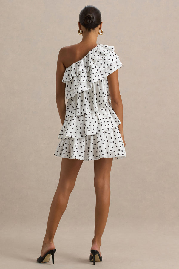 Club L Orla White Polka Dot Asymmetric Ruffled Mini Dress