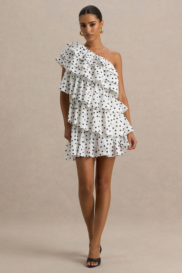 Club L Orla White Polka Dot Asymmetric Ruffled Mini Dress
