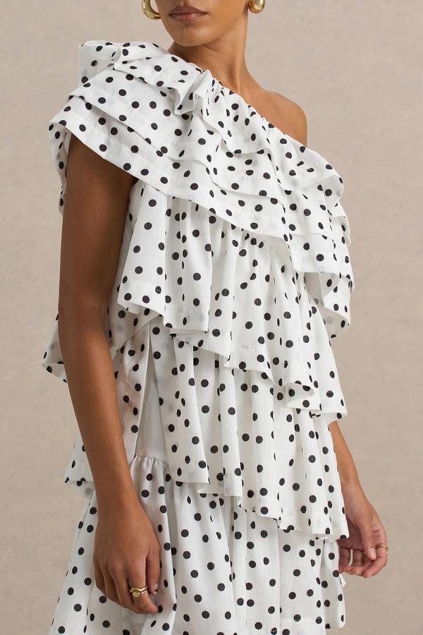 Club L Orla White Polka Dot Asymmetric Ruffled Mini Dress