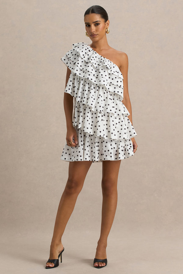 club l Orla White Polka Dot Asymmetric Ruffled Mini Dress
