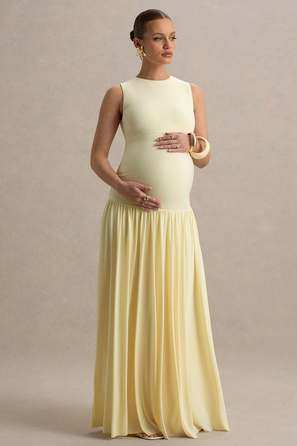 club l Outline Lemon High-Neck Maternity Maxi Dress With Draped Skirt