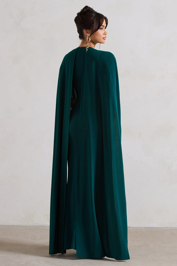 Club L Padma Bottle Green Draped Maxi Dress With Cape Sleeves