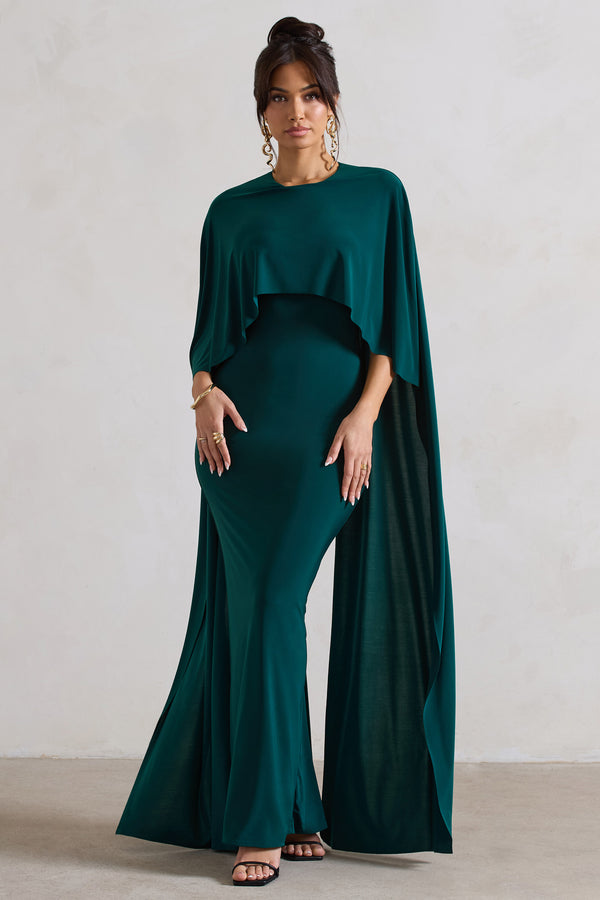 Club L Padma Bottle Green Draped Maxi Dress With Cape Sleeves