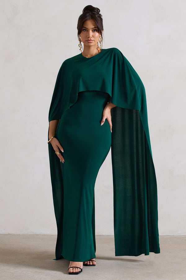 club l Padma Bottle Green Draped Maxi Dress With Cape Sleeves