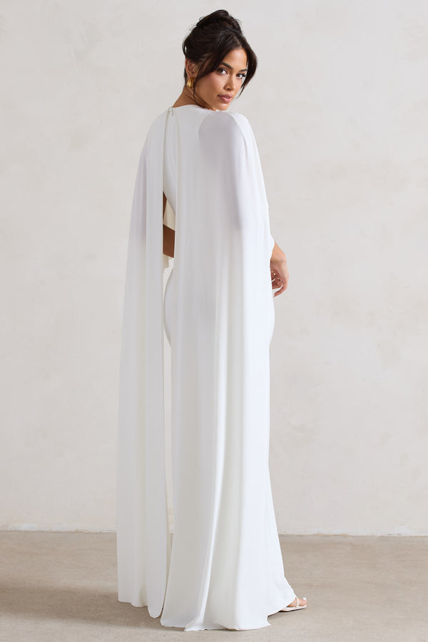 Club L Padma White Draped Maxi Dress With Cape Sleeves