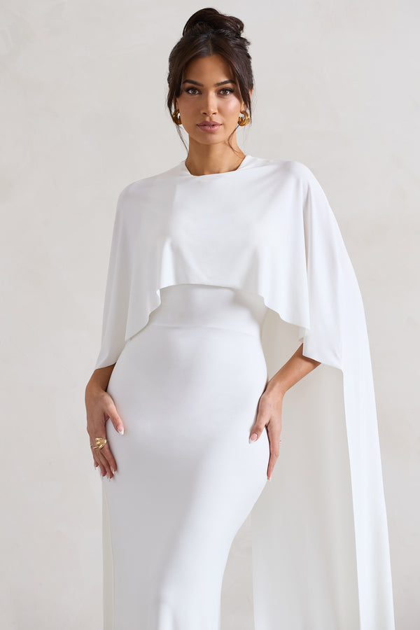 Club L Padma White Draped Maxi Dress With Cape Sleeves