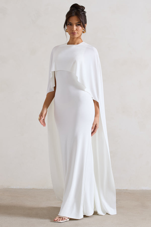 Club L Padma White Draped Maxi Dress With Cape Sleeves
