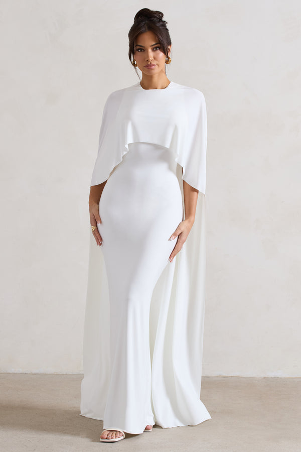 club l Padma White Draped Maxi Dress With Cape Sleeves