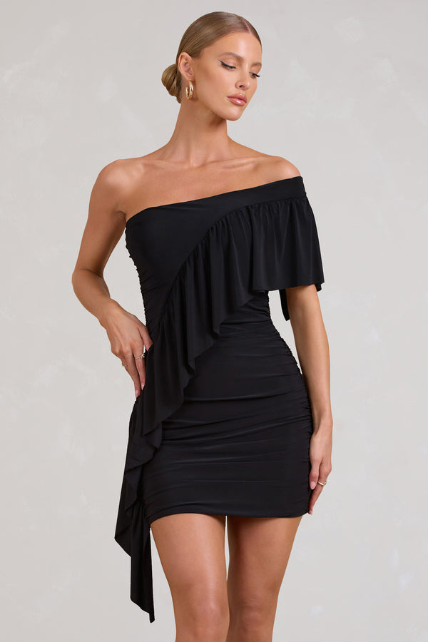Club L Parfait Black Asymmetric Ruched Mini Dress With Statement Ruffles