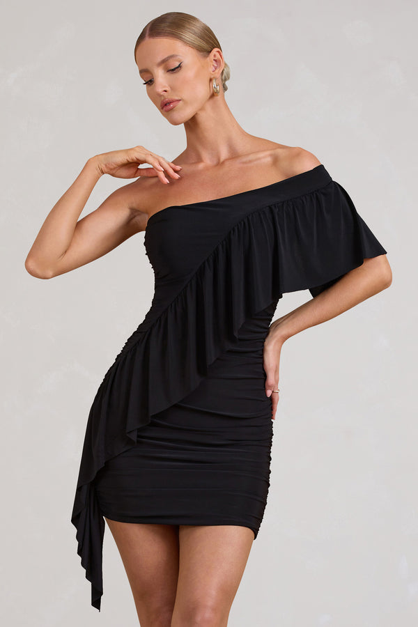 club l Parfait Black Asymmetric Ruched Mini Dress With Statement Ruffles