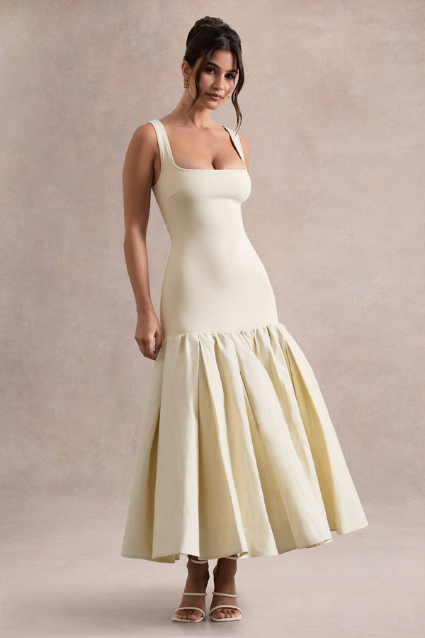 Club L Parida Cream Poplin Drop-Waist Midi Dress With Peplum Hem