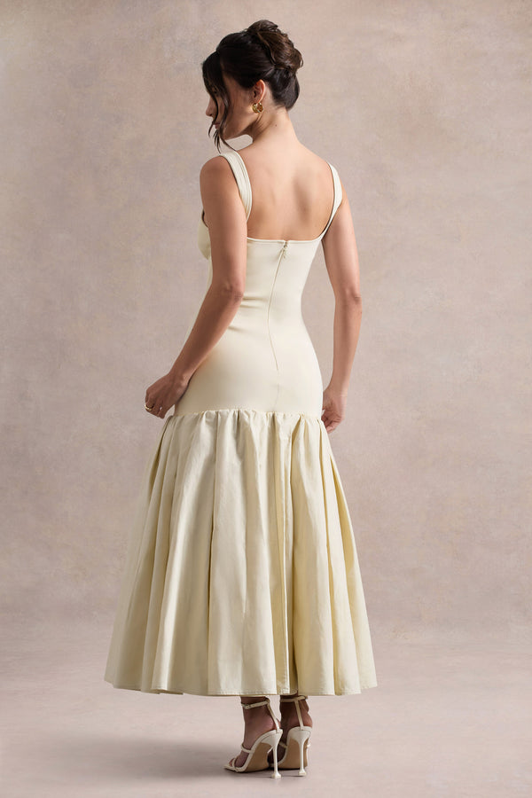 Club L Parida Cream Poplin Drop-Waist Midi Dress With Peplum Hem