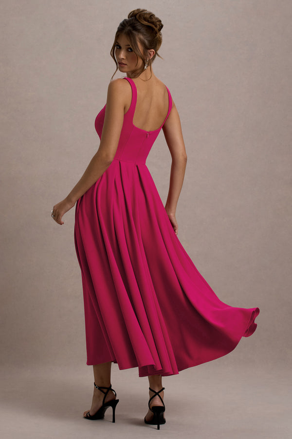 Club L Parina Hot Pink Strappy Volume-Hem Midi Dress