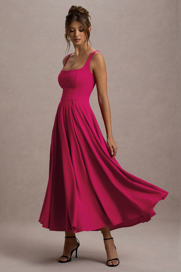 club l Parina Hot Pink Strappy Volume-Hem Midi Dress