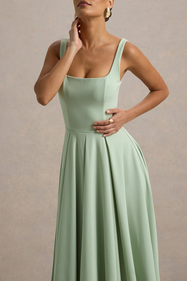 Club L Parina Light Green Strappy Volume-Hem Midi Dress