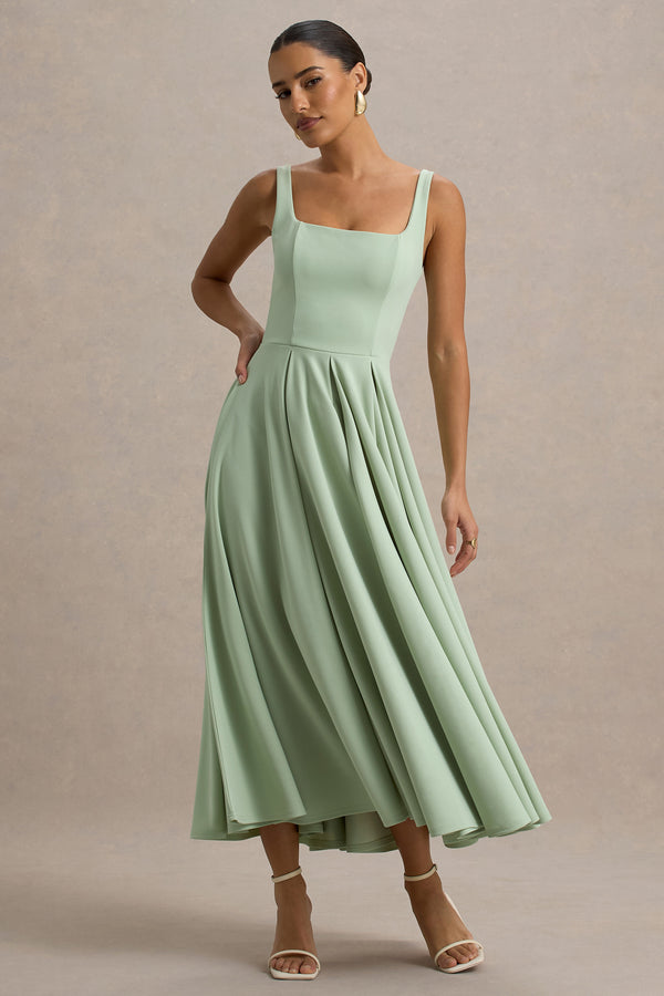 Club L Parina Light Green Strappy Volume-Hem Midi Dress