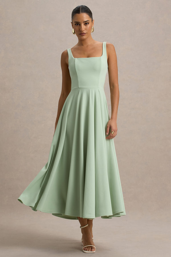 club l Parina Light Green Strappy Volume-Hem Midi Dress