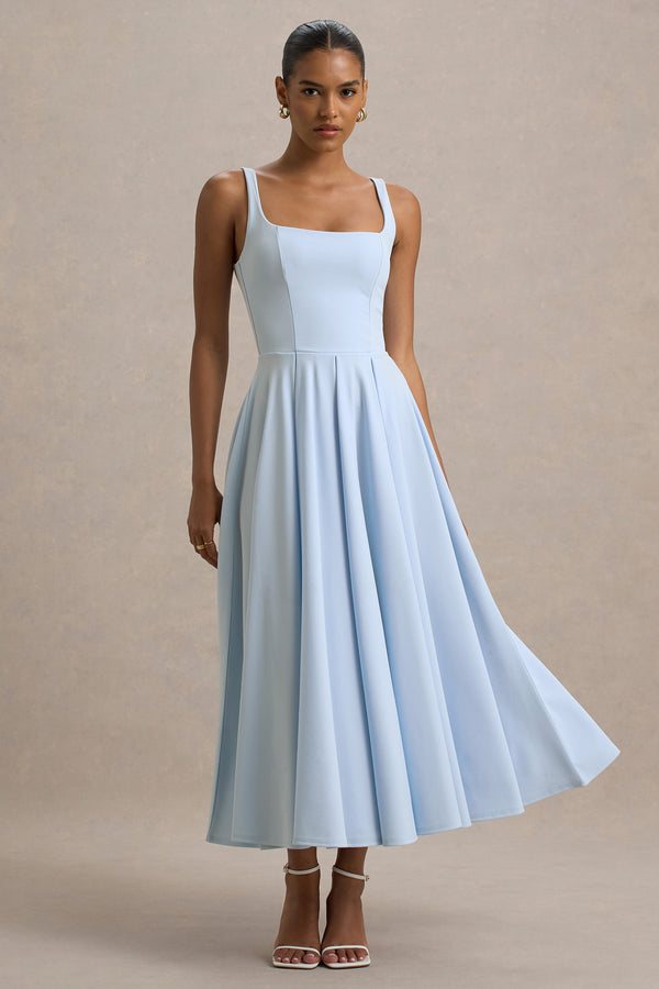 club l Parina Powder Blue Strappy Volume-Hem Midi Dress