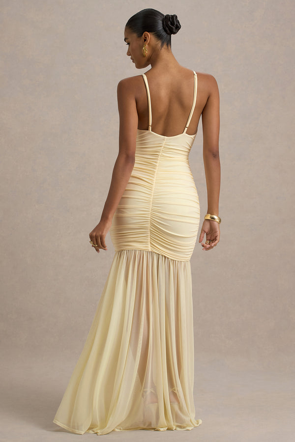 Club L Pasqualina Pale Lemon Ruched Plunge-Neck Maxi Dress