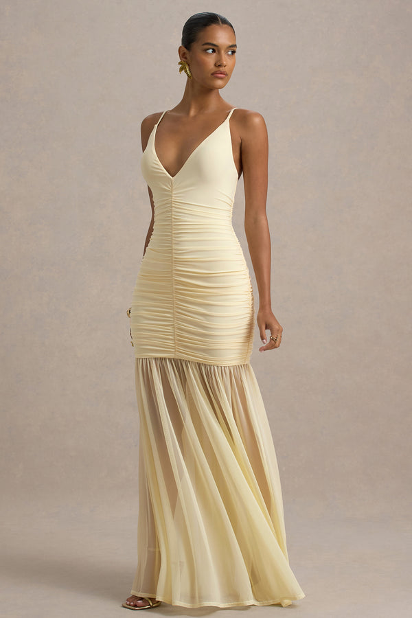 Club L Pasqualina Pale Lemon Ruched Plunge-Neck Maxi Dress