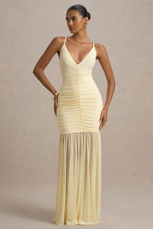 club l Pasqualina Pale Lemon Ruched Plunge-Neck Maxi Dress