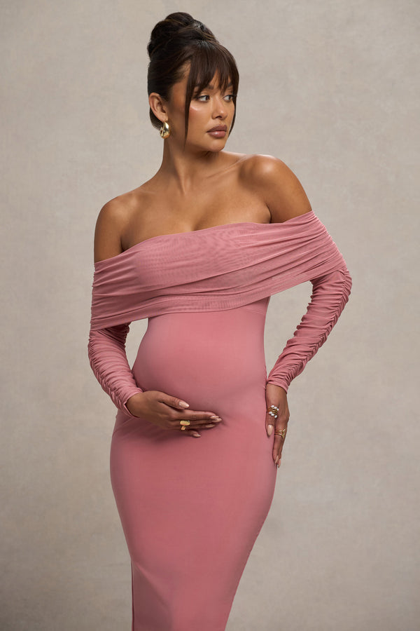 Club L Patiently Waiting Blush Pink Maternity Ruched Mesh Bardot Midi Dress